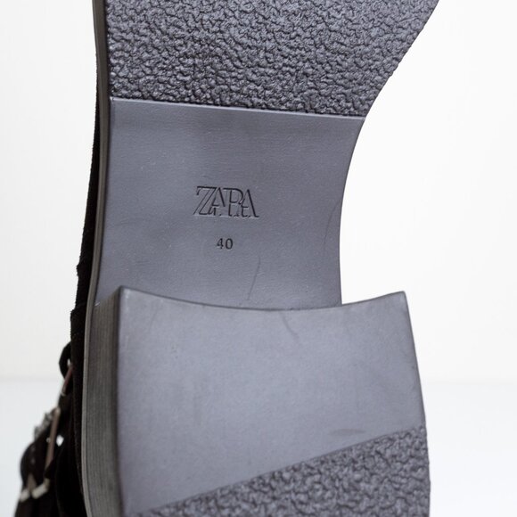 Zara Buckled Biker Boots Split Leather Dark Brown Round Toe EU 40 - Picture 15 of 16